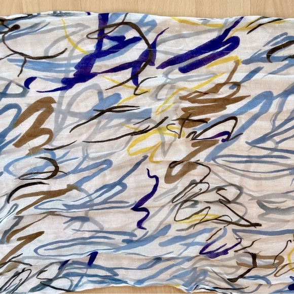 Brown Blue and White Abstract Pattern Print Thin Knit Scarf Shawl with Fringe - Picture 8 of 11